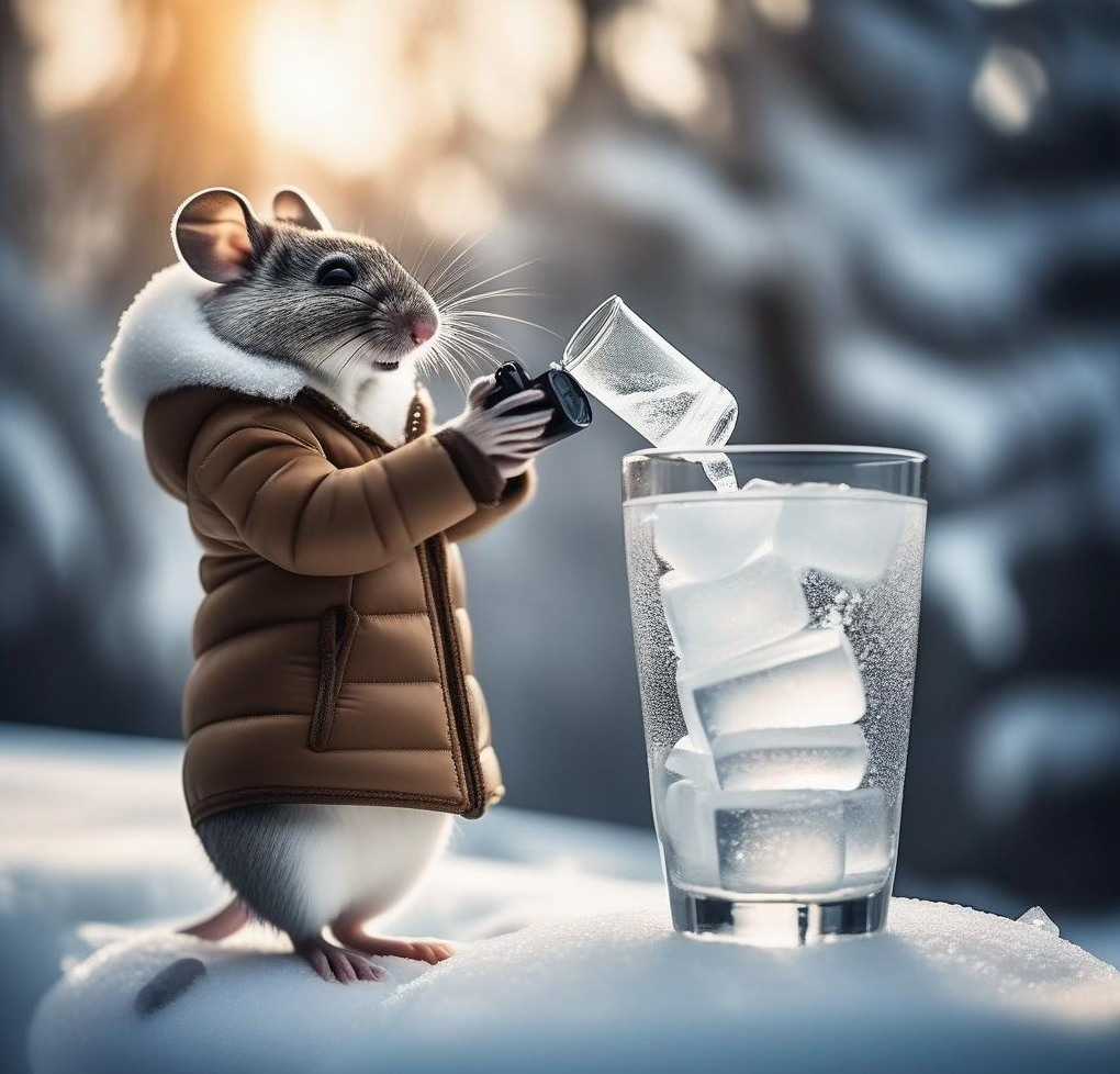 Myšák se sklenicí ledu. Myšák je symbolem SKI areálu Myšák v Karlově